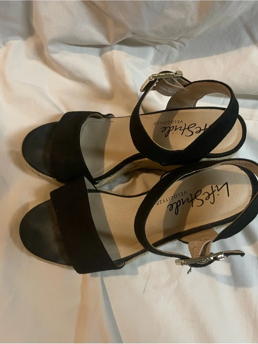 Life Stride Black Espadrille Wedge Sandals with Gold Buckle
